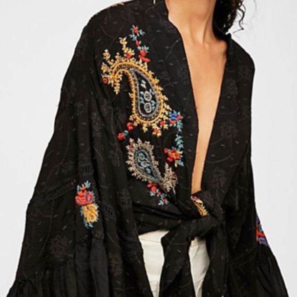 Free People Jackets & Blazers - FREE PEOPLE Dottie West Embroidered Kimono Black